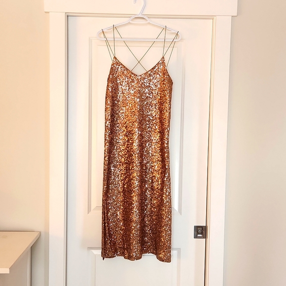Zara XS Rose gold sequin midi slip dress - Picture 5 of 16